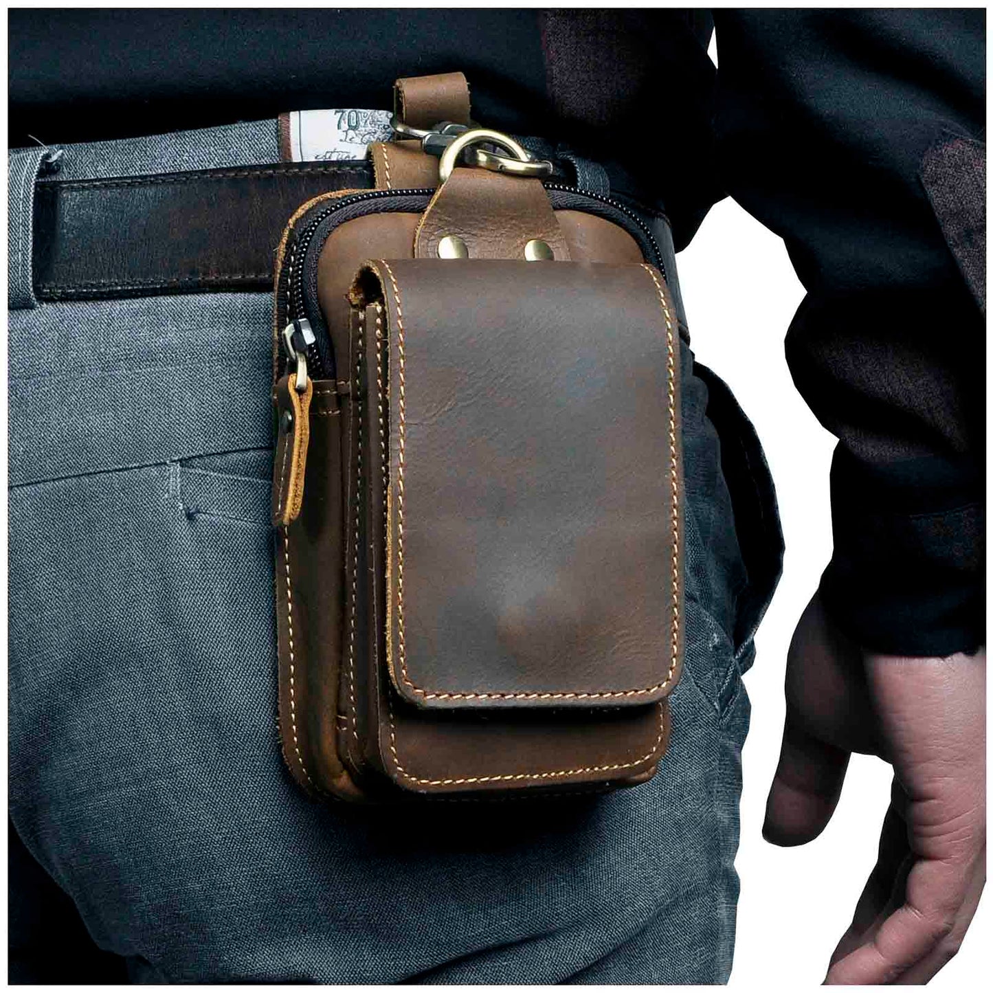 "Stoere heren leren heuptas, donkerbruin, verstelbare riem, meerdere vakken met ritssluiting, ideaal voor reizen en festivals