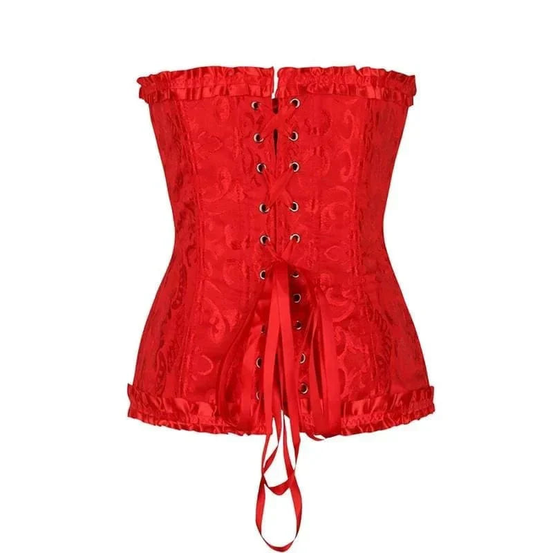 Strapless zwart kanten dameskorset met bloemenpatroon en verstelbare sluiting; elegant design, ideaal voor diverse gelegenhed