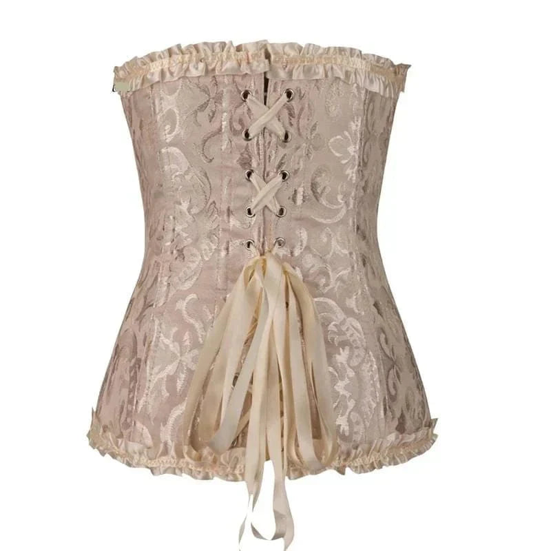 Strapless zwart kanten dameskorset met bloemenpatroon en verstelbare sluiting; elegant design, ideaal voor diverse gelegenhed