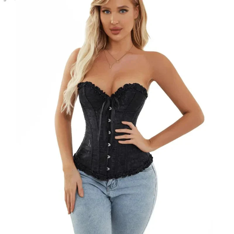 Strapless zwart kanten dameskorset met bloemenpatroon en verstelbare sluiting; elegant design, ideaal voor diverse gelegenhed