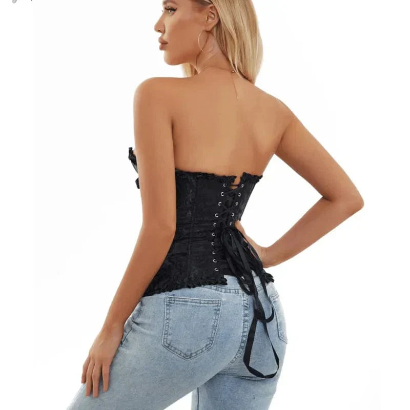 Strapless zwart kanten dameskorset met bloemenpatroon en verstelbare sluiting; elegant design, ideaal voor diverse gelegenhed