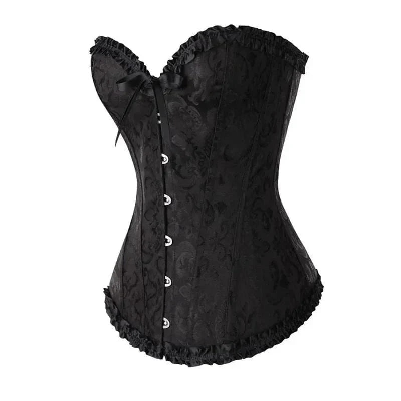 Strapless zwart kanten dameskorset met bloemenpatroon en verstelbare sluiting; elegant design, ideaal voor diverse gelegenhed