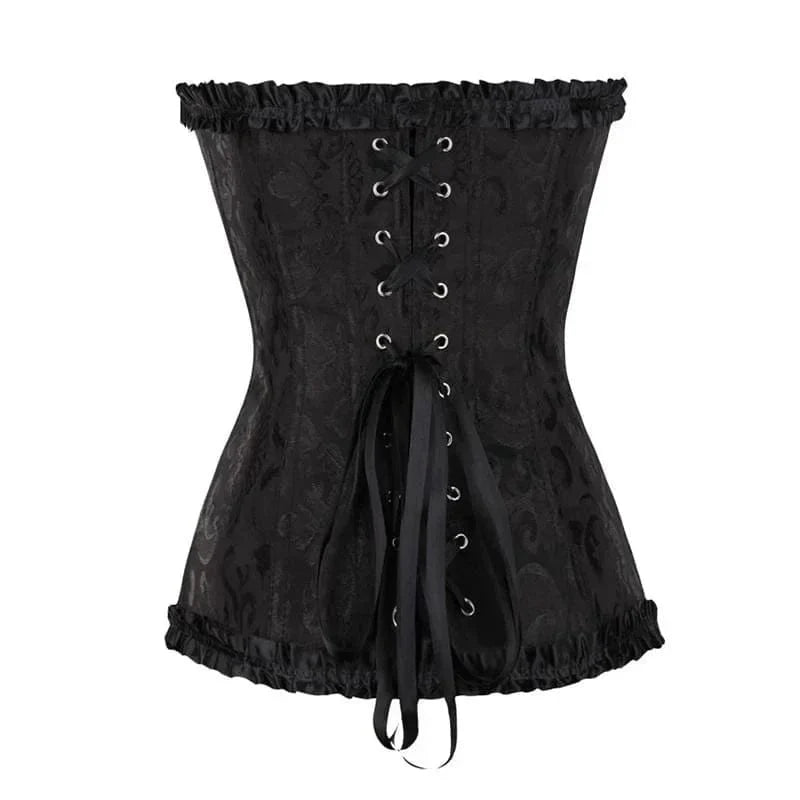 Strapless zwart kanten dameskorset met bloemenpatroon en verstelbare sluiting; elegant design, ideaal voor diverse gelegenhed