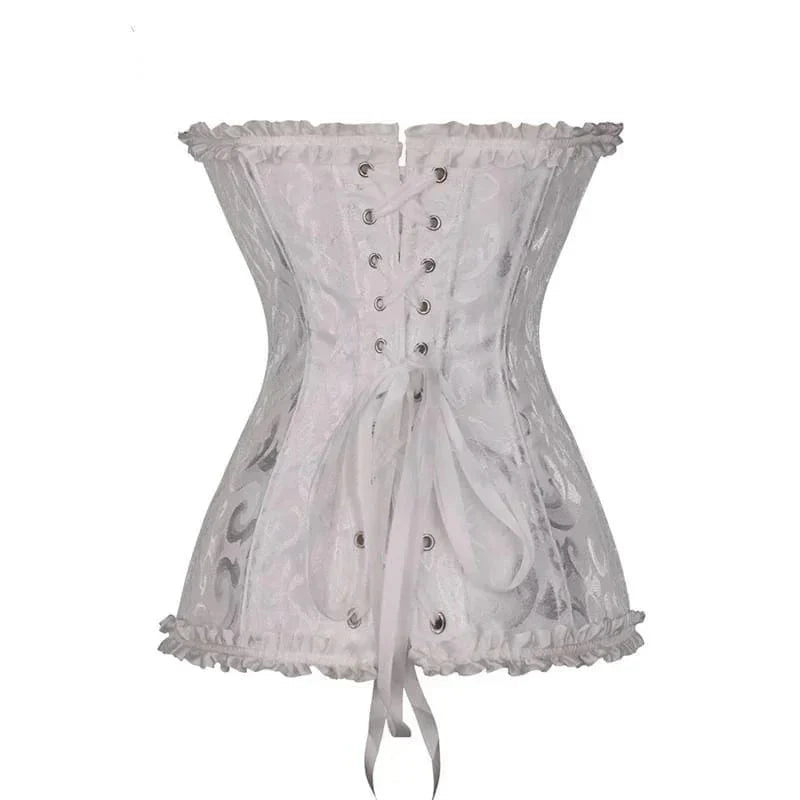 Strapless zwart kanten dameskorset met bloemenpatroon en verstelbare sluiting; elegant design, ideaal voor diverse gelegenhed