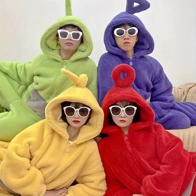 "Teletubbies kostuum pyjama flanel jumpsuit met capuchon, kleurrijk ontwerp, comfortabel voor Halloween en verkleedfeestjes."