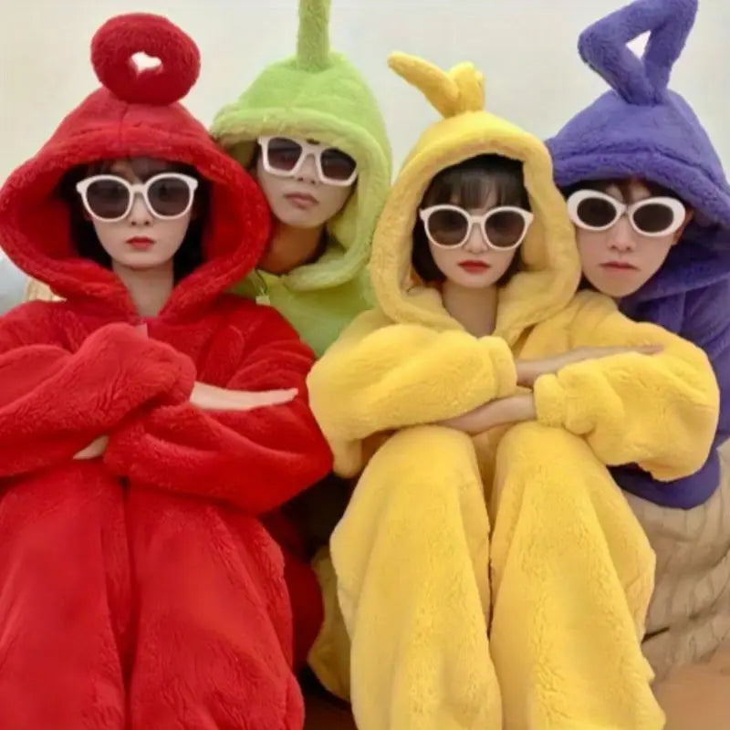 "Teletubbies kostuum pyjama flanel jumpsuit met capuchon, kleurrijk ontwerp, comfortabel voor Halloween en verkleedfeestjes."