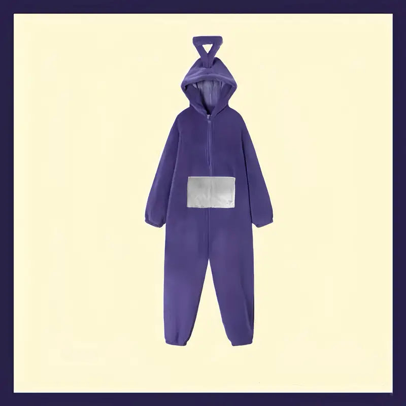 "Teletubbies kostuum pyjama flanel jumpsuit met capuchon, kleurrijk ontwerp, comfortabel voor Halloween en verkleedfeestjes."