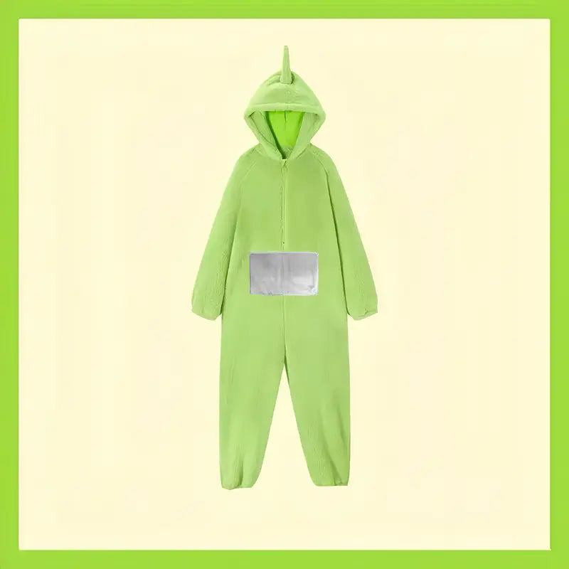"Teletubbies kostuum pyjama flanel jumpsuit met capuchon, kleurrijk ontwerp, comfortabel voor Halloween en verkleedfeestjes."