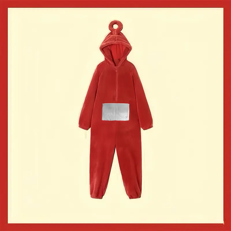 "Teletubbies kostuum pyjama flanel jumpsuit met capuchon, kleurrijk ontwerp, comfortabel voor Halloween en verkleedfeestjes."