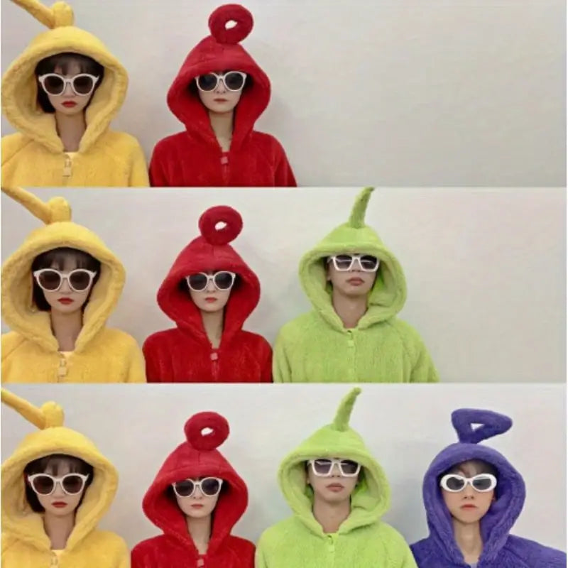 "Teletubbies kostuum pyjama flanel jumpsuit met capuchon, kleurrijk ontwerp, comfortabel voor Halloween en verkleedfeestjes."