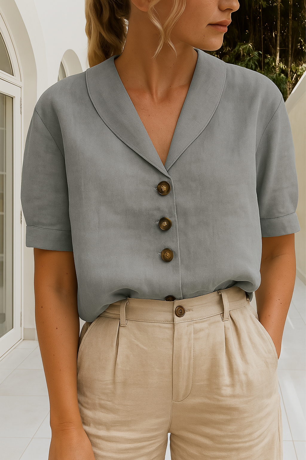 Trendy katoenen-linnen dames T-shirt Maria, regular fit, klassieke effen kleuren, envelophals met elegante knoopjes.