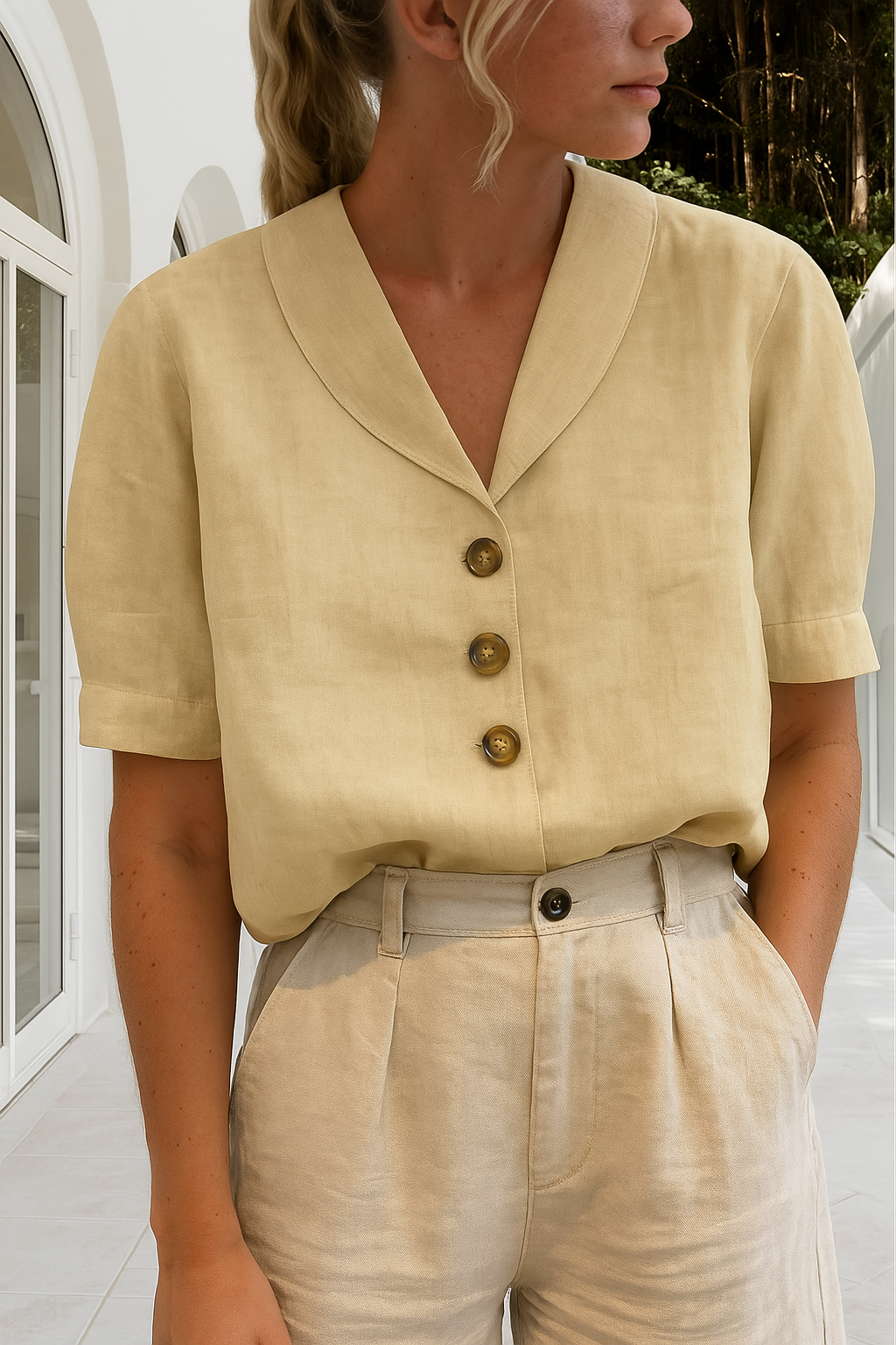 Trendy katoenen-linnen dames T-shirt Maria, regular fit, klassieke effen kleuren, envelophals met elegante knoopjes.