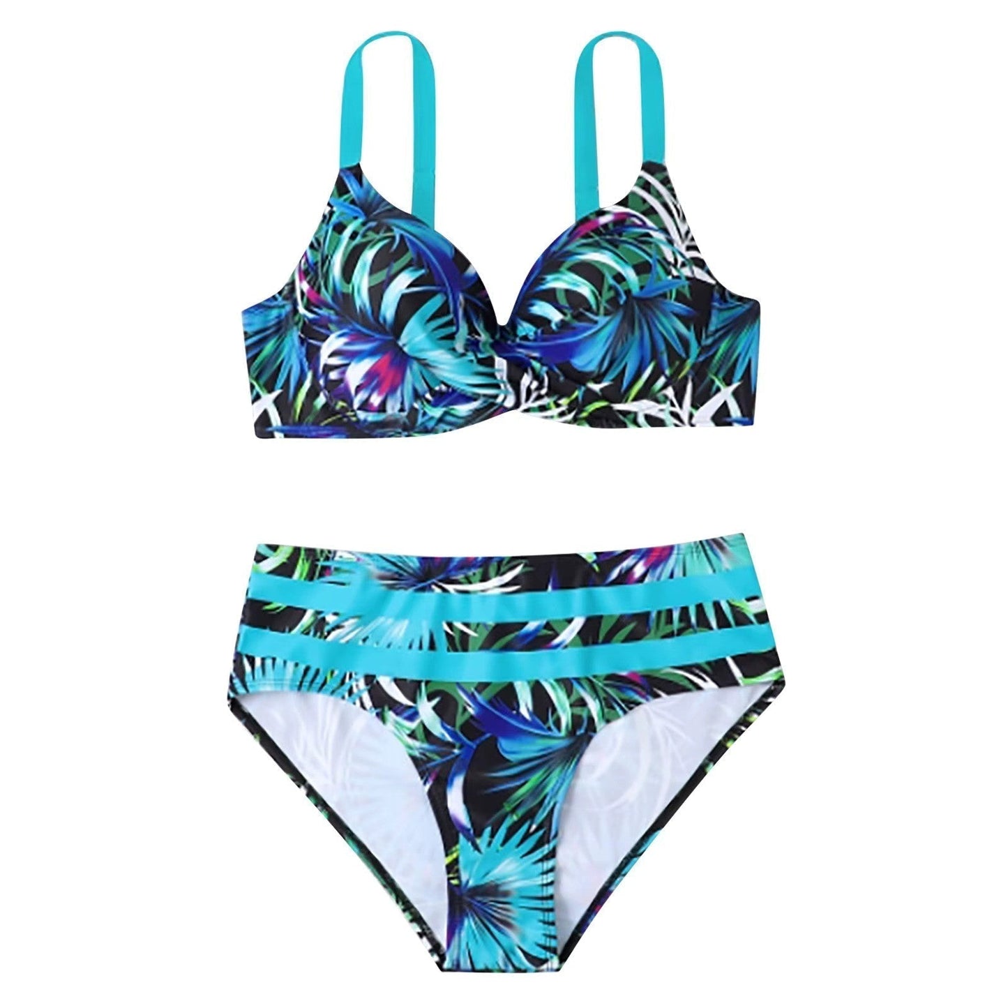 "Tropische high-waist bikini met levendig patroon, flatterende pasvorm, verstelbare bandjes, ideaal voor zonnige stranddagen.