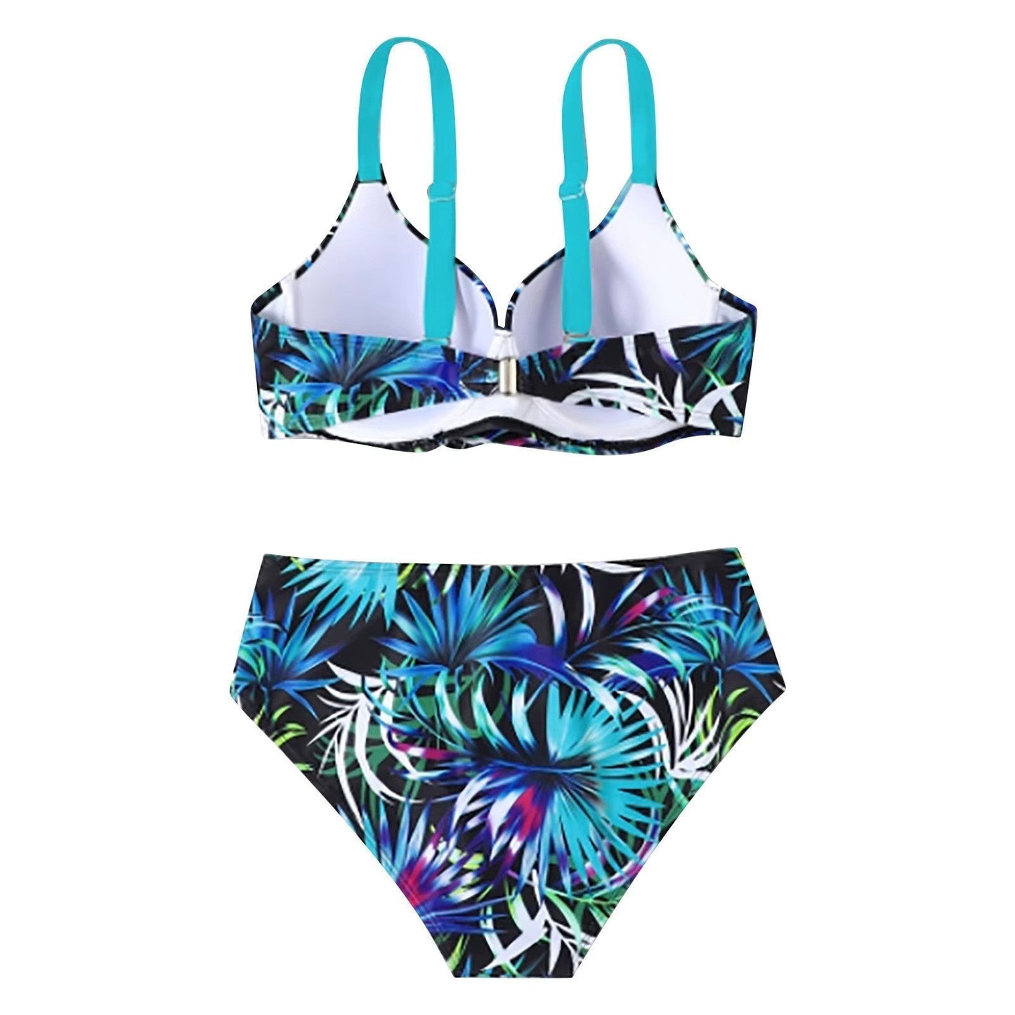 "Tropische high-waist bikini met levendig patroon, flatterende pasvorm, verstelbare bandjes, ideaal voor zonnige stranddagen.