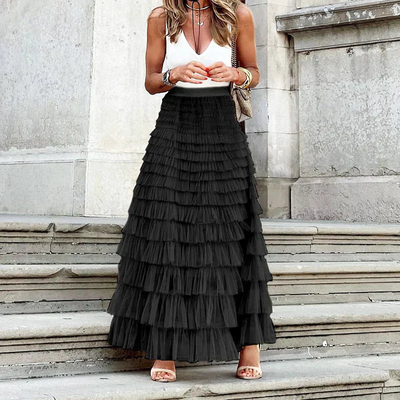 Tule maxi rok voor dames, stijlvol en comfortabel met elegante plooien en elastische tailleband voor een flatterende look.