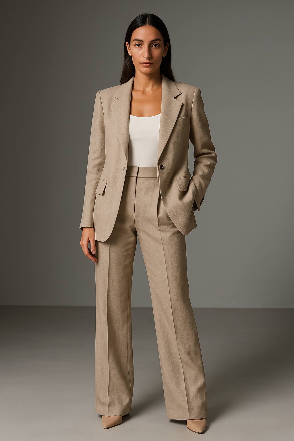 "Tweedelig blazer en pantalon dames set, slim fit, stijlvolle V-hals, ademend materiaal, veelzijdige zachte kleuren."