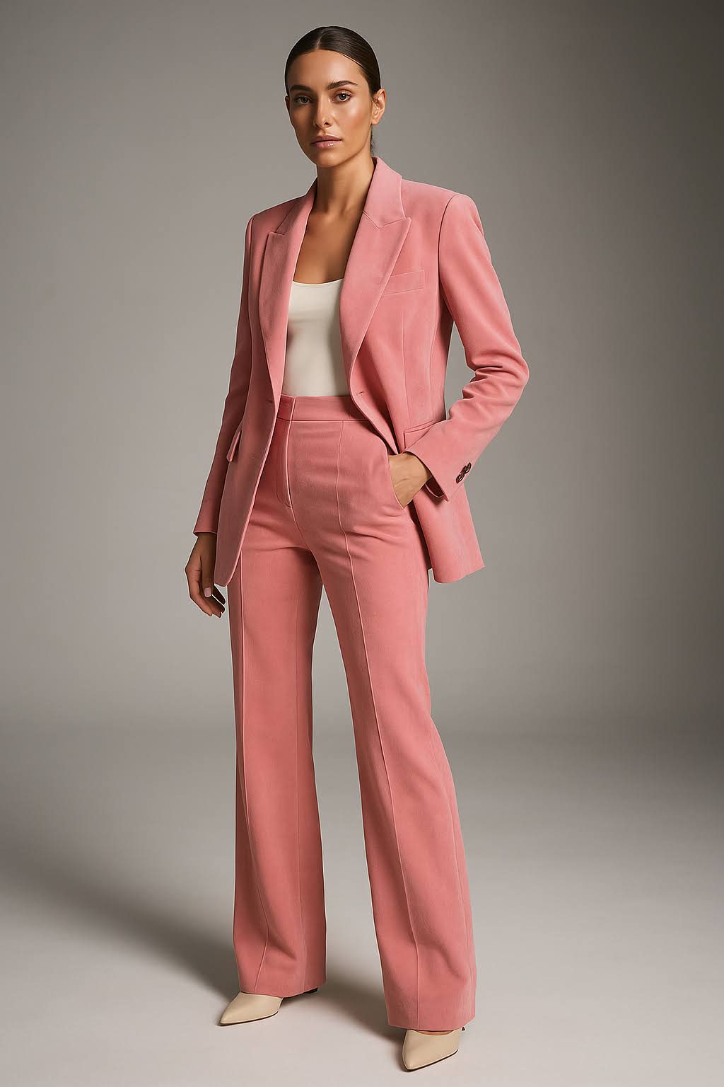 "Tweedelig blazer en pantalon dames set, slim fit, stijlvolle V-hals, ademend materiaal, veelzijdige zachte kleuren."