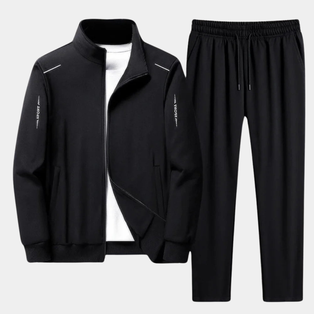 "Tweedelig trainingspak voor heren met hoodie en broek, verstelbare taille, zacht materiaal; ideaal voor comfort en stijl."