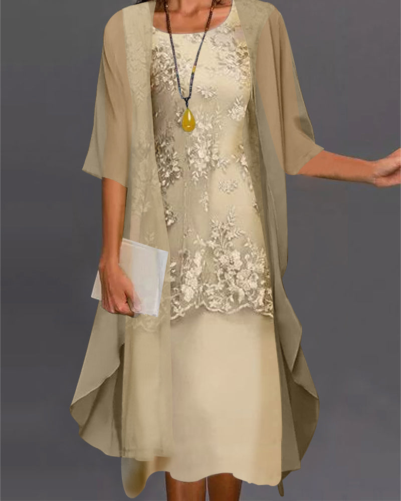 "Tweedelige elegante chiffon jurk voor dames met 3/4-mouwen, luchtige stof, perfect voor lente en zomerdagen."