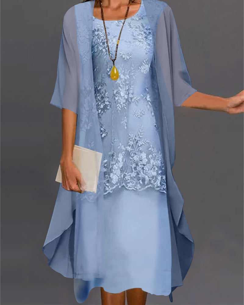 "Tweedelige elegante chiffon jurk voor dames met 3/4-mouwen, luchtige stof, perfect voor lente en zomerdagen."