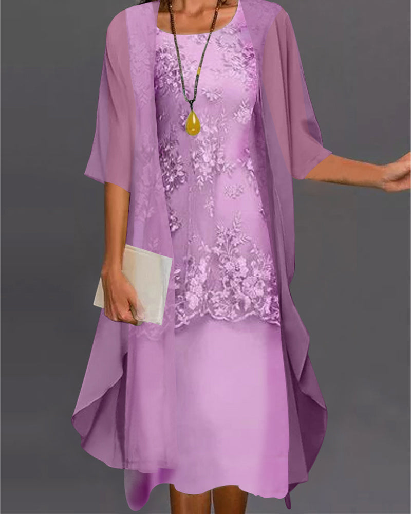 "Tweedelige elegante chiffon jurk voor dames met 3/4-mouwen, luchtige stof, perfect voor lente en zomerdagen."