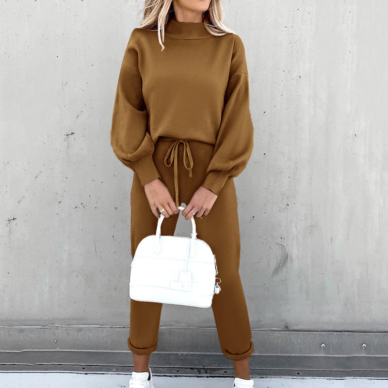 "Tweedelige loungewear set: zachte coltrui met lanternmouwen en high-waist broek in verschillende kleuren voor ultiem comfort
