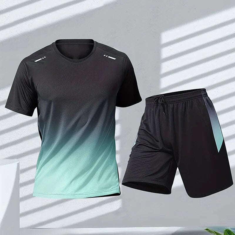 Tweedelige sportkleding set voor heren met kleurverloopprint, biedt comfort en bewegingsvrijheid, moderne T-shirt en korte br
