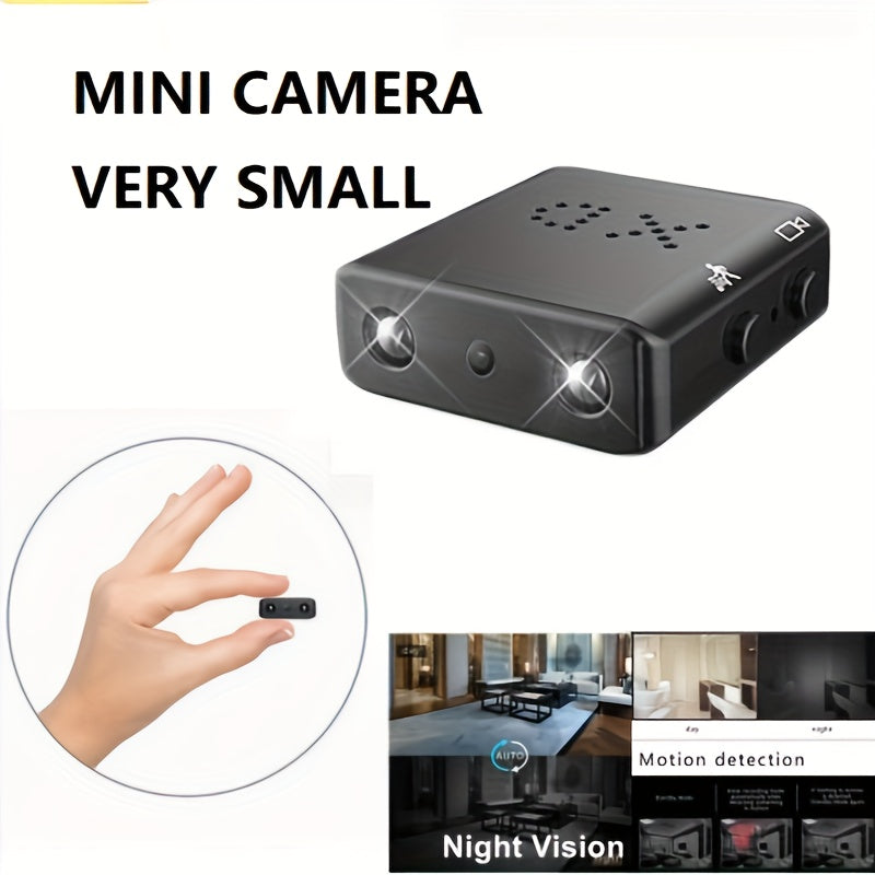 "Ultra-compacte mini camera met Full HD, nachtzicht en bewegingdetectie, zwart met discrete lens en stevige behuizing."