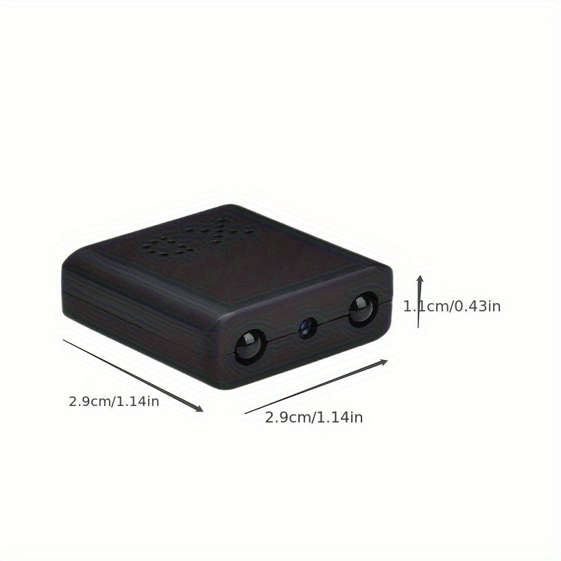 "Ultra-compacte mini camera met Full HD, nachtzicht en bewegingdetectie, zwart met discrete lens en stevige behuizing."