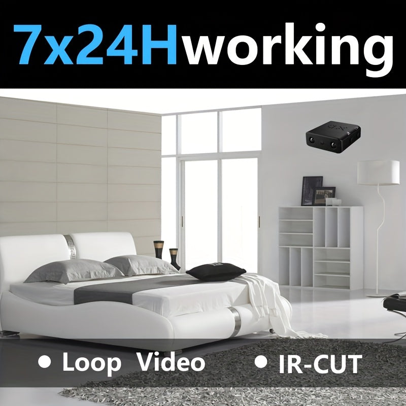 "Ultra-compacte mini camera met Full HD, nachtzicht en bewegingdetectie, zwart met discrete lens en stevige behuizing."