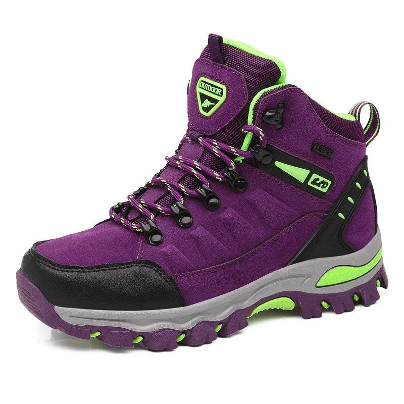 Veiligheidswerkschoenen voor dames, waterdicht en antislip, met versterkte enkelondersteuning en ronde teen, grijs.