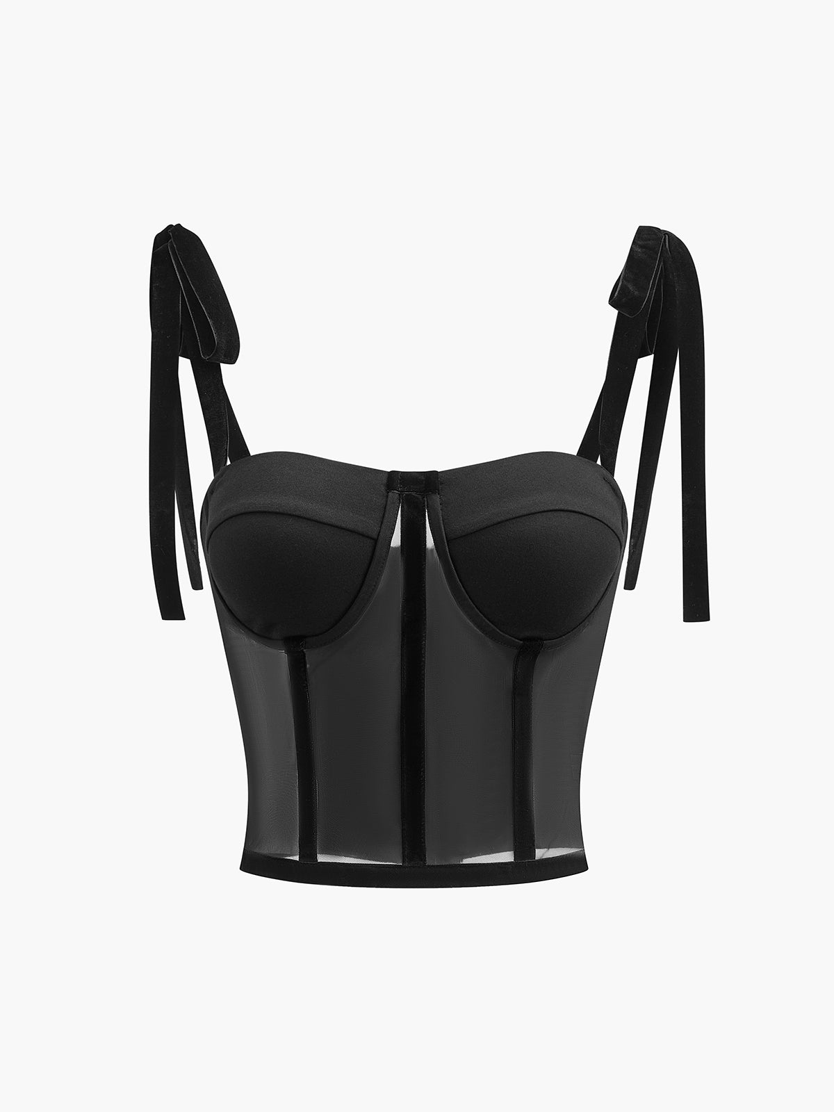 "Verleidelijke sheer mesh bustier top, semi-transparante details, figuuraccentuerend, elegant en speels design."