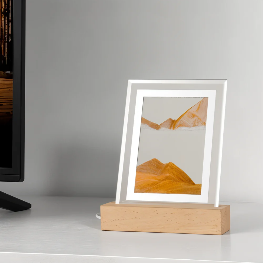 "Verlichte 3D zandsculptuur nachtlamp met LED, natuurlijke materialen en wisselende zandlandscapes voor rust en stijl."