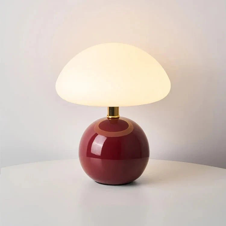 "Verstelbare LED paddenstoel lamp in modern design, keramiek en PVC, voor elegante sfeer in huis of kantoor."