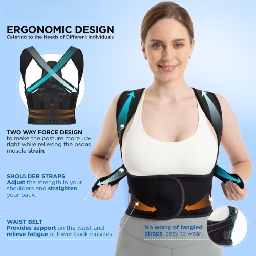 "Verstelbare rugbrace met ademend materiaal voor houdingscorrectie. Zwart, comfortabel en onzichtbaar onder kleding."