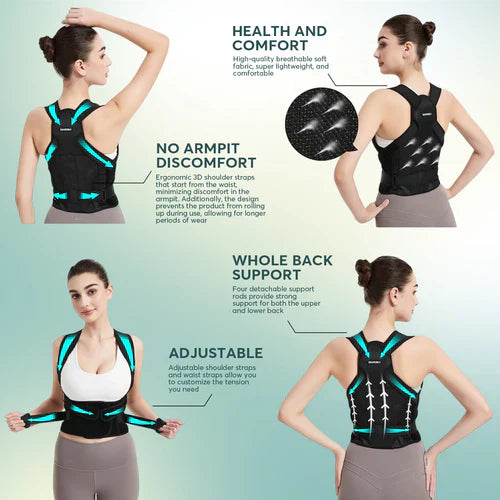"Verstelbare rugbrace met ademend materiaal voor houdingscorrectie. Zwart, comfortabel en onzichtbaar onder kleding."