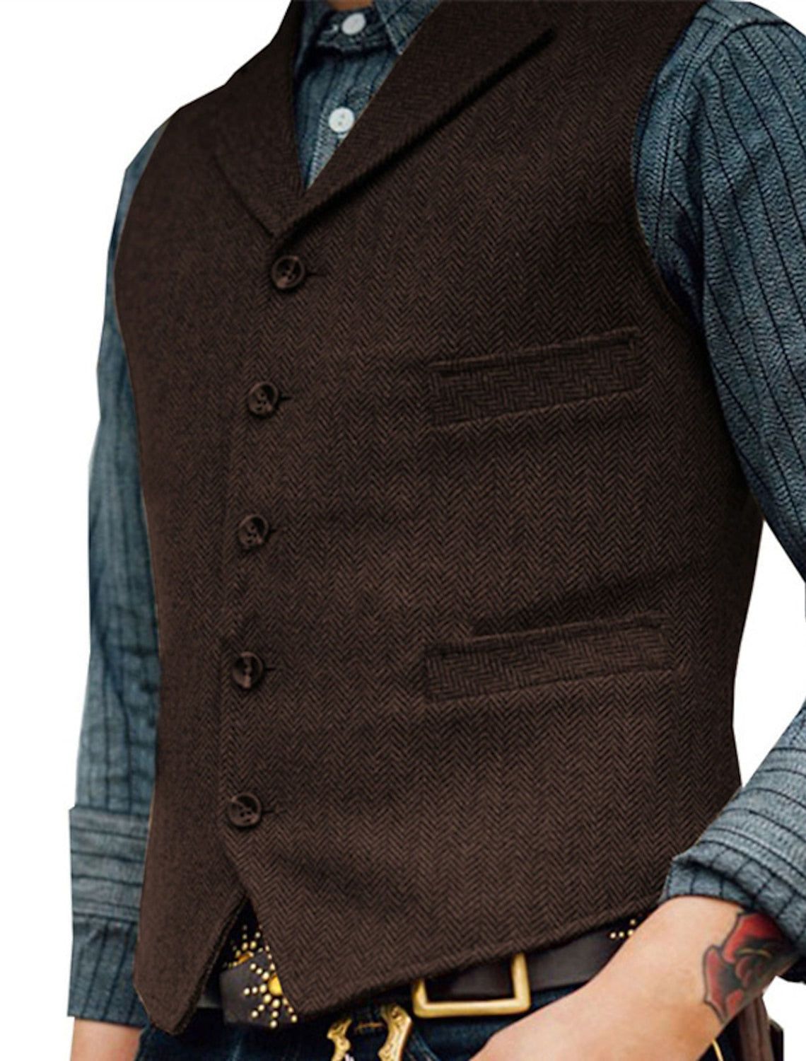 "Vintage heren gilet met elegante lijnen, authentieke stijl en hoogwaardige stoffen; veelzijdig voor elke outfit."