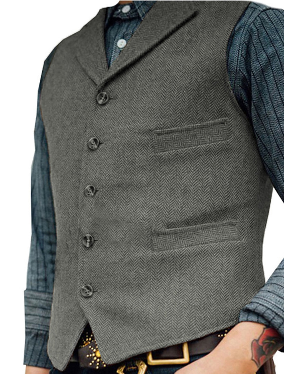 "Vintage heren gilet met elegante lijnen, authentieke stijl en hoogwaardige stoffen; veelzijdig voor elke outfit."