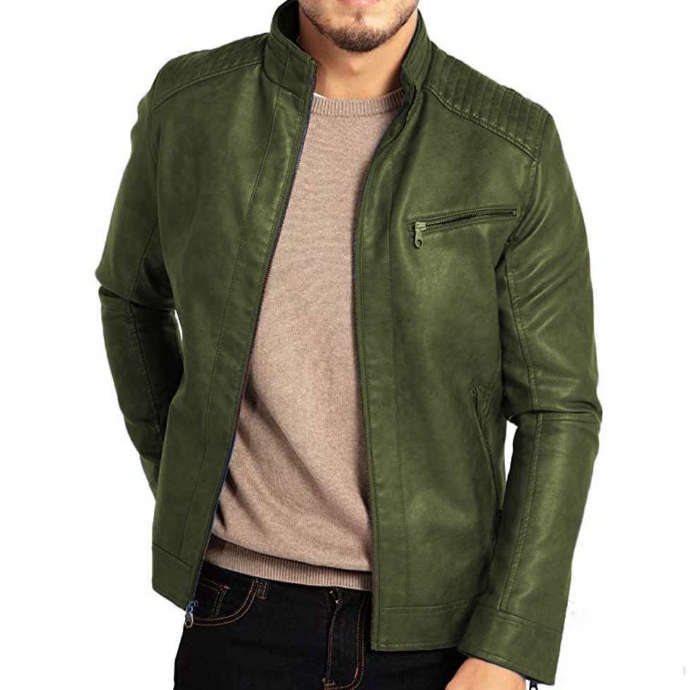 "Vintage herenleren jack in retro stijl, zichtbaar in bruin, groen en blauw; duurzaam leer met klassieke uitstraling."