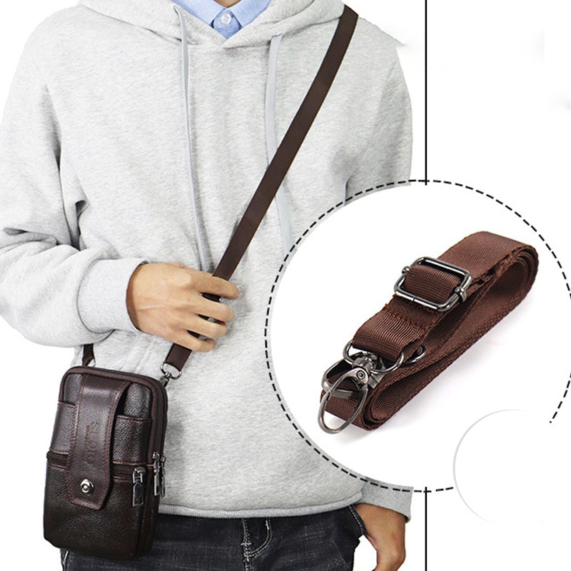 "Vintage leren heren crossbody heuptas met verstelbare band, stijlvolle bruine tas met ruime vakken en robuust ontwerp."