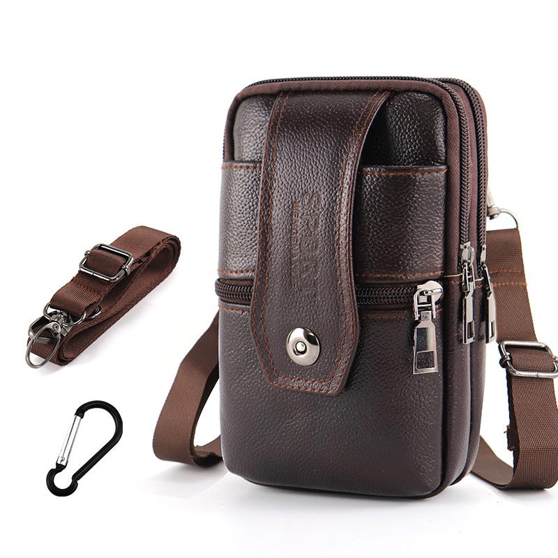"Vintage leren heren crossbody heuptas met verstelbare band, stijlvolle bruine tas met ruime vakken en robuust ontwerp."