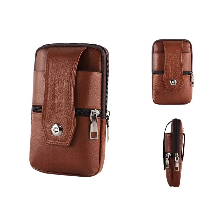 "Vintage leren heren crossbody heuptas met verstelbare band, stijlvolle bruine tas met ruime vakken en robuust ontwerp."