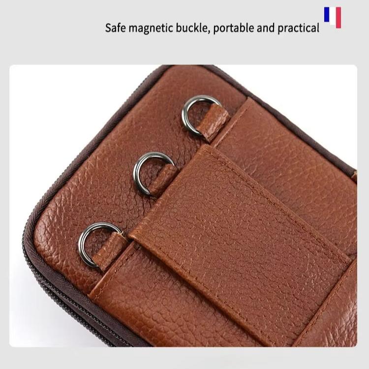 "Vintage leren heren crossbody heuptas met verstelbare band, stijlvolle bruine tas met ruime vakken en robuust ontwerp."