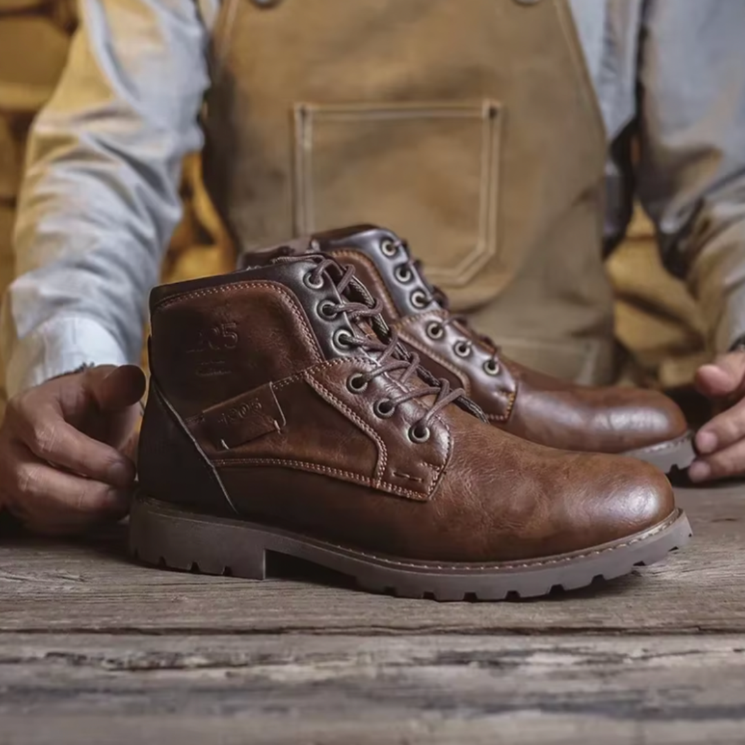 "Vintage leren herenlaarzen, robuust ontwerp, hoogwaardig leer, stevige zolen, bruin, perfecte pasvorm, stijlvolle uitstralin