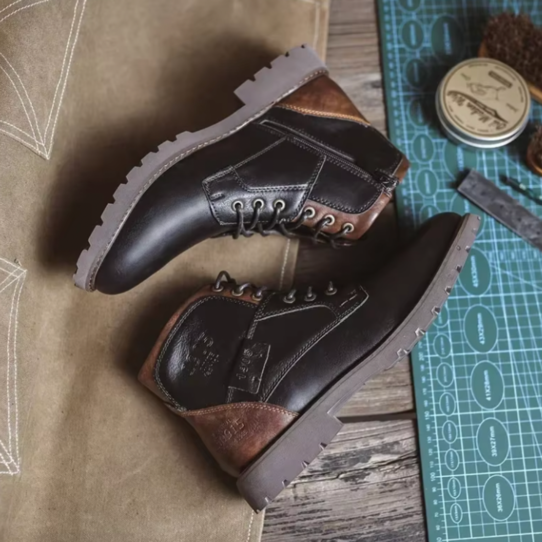 "Vintage leren herenlaarzen, robuust ontwerp, hoogwaardig leer, stevige zolen, bruin, perfecte pasvorm, stijlvolle uitstralin