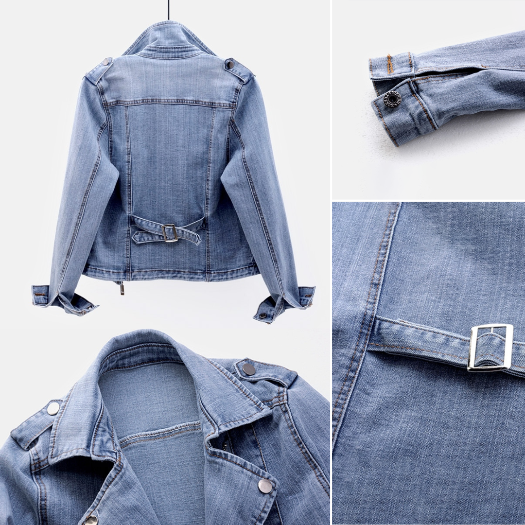 "Vrouwelijke denim spijkerjas, tijdloze tussenjas met klassieke kraag en metalen knoopsluiting, authentieke vintage flair."