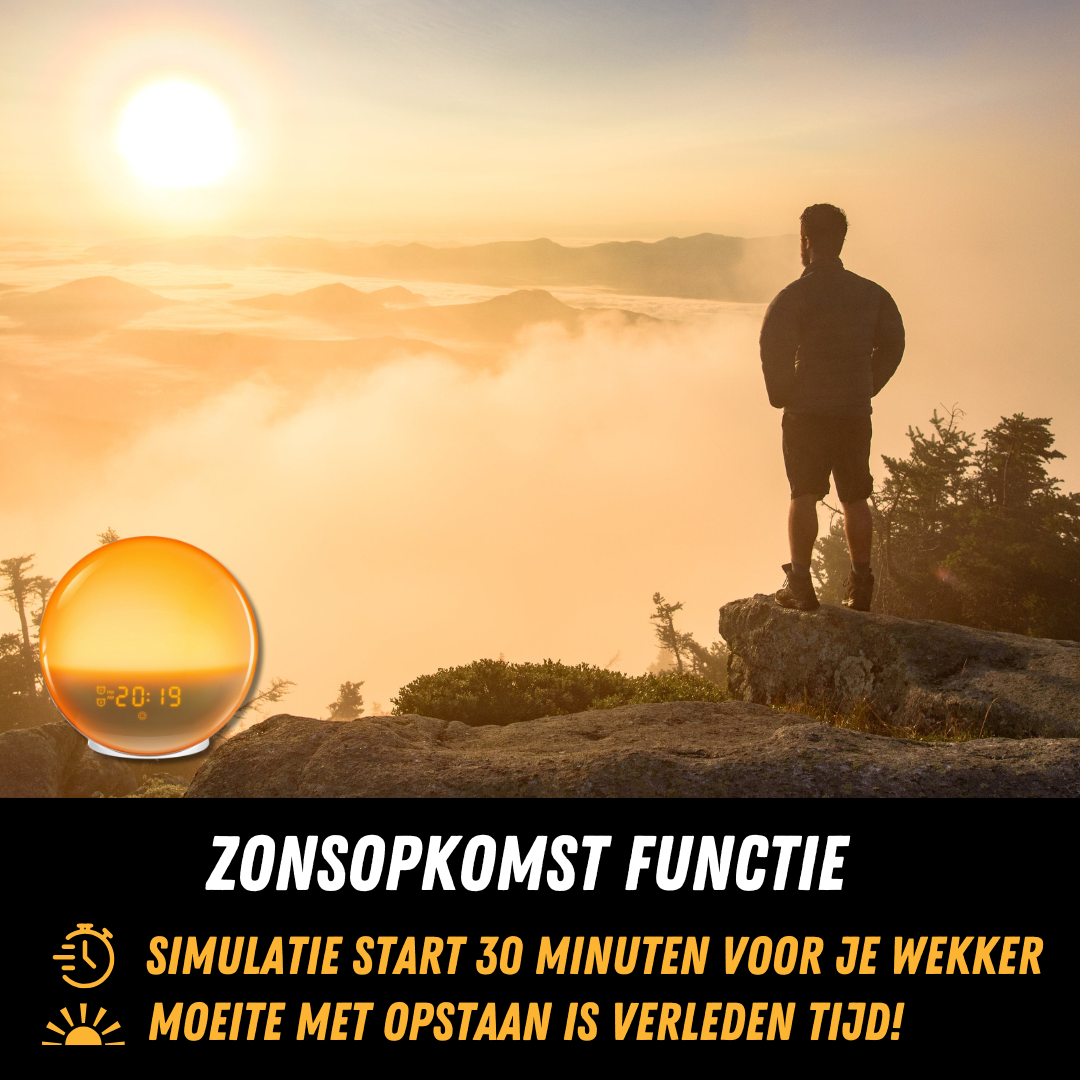 "Wake-up Light met zonsopgangsimulatie, natuurlijke kleuren, rustgevende geluiden voor een zachte en serene ontwaking."