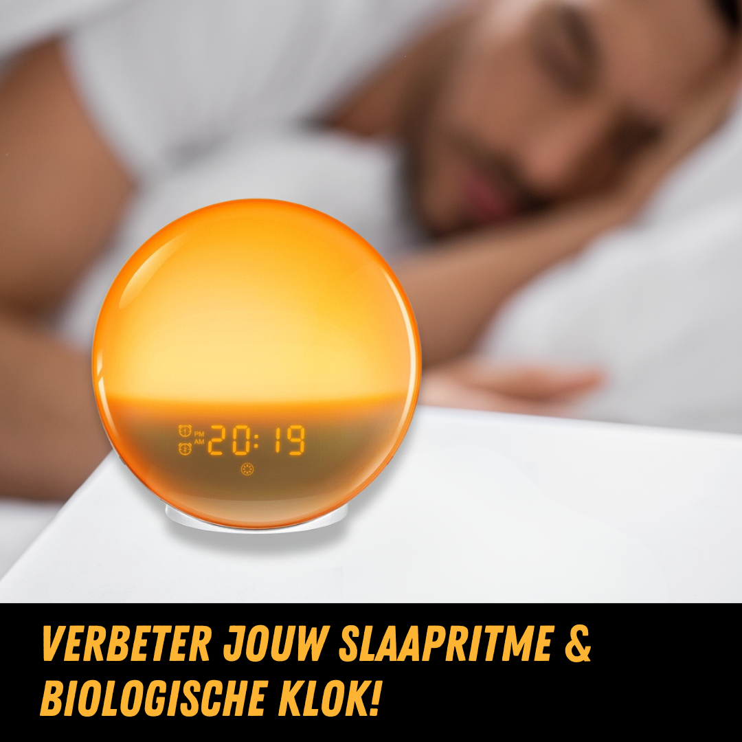 "Wake-up Light met zonsopgangsimulatie, natuurlijke kleuren, rustgevende geluiden voor een zachte en serene ontwaking."