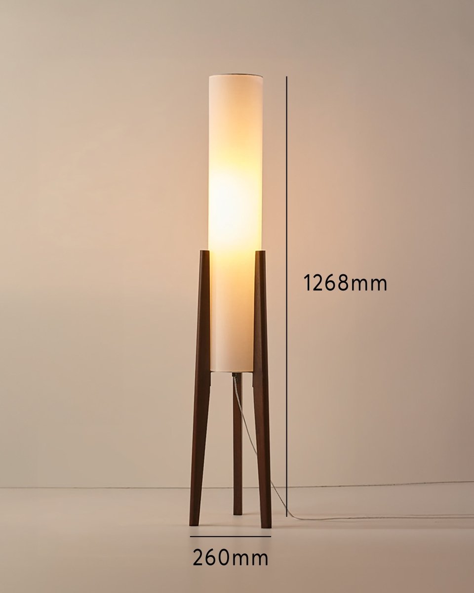 "Walnoot houten vloerlamp met modern design, sfeervolle verlichting en elegante houtnerf, hoogte 150 cm, donkerbruin."