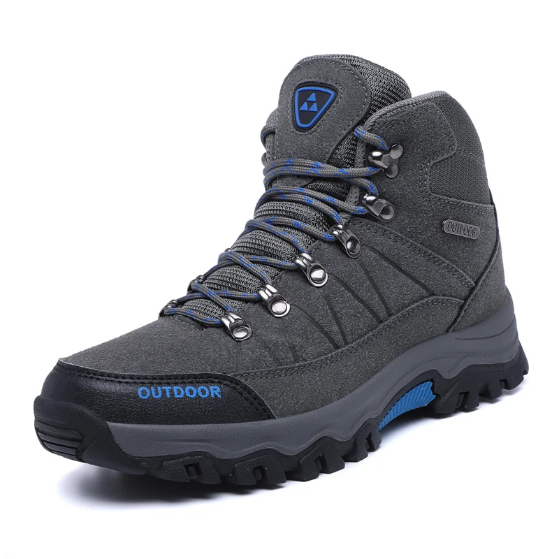 "Wandelschoenen heren, waterdicht en slipvast, robuust design in zwart-blauw; ideaal voor outdooractiviteiten."